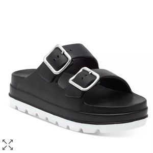 J SLIDES Simply Double Buckle Platform Slide Sandals Black